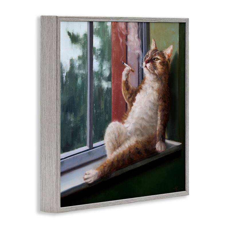 Stupell House Cat Smoking Lounging in Window Pane Framed Wall Art
