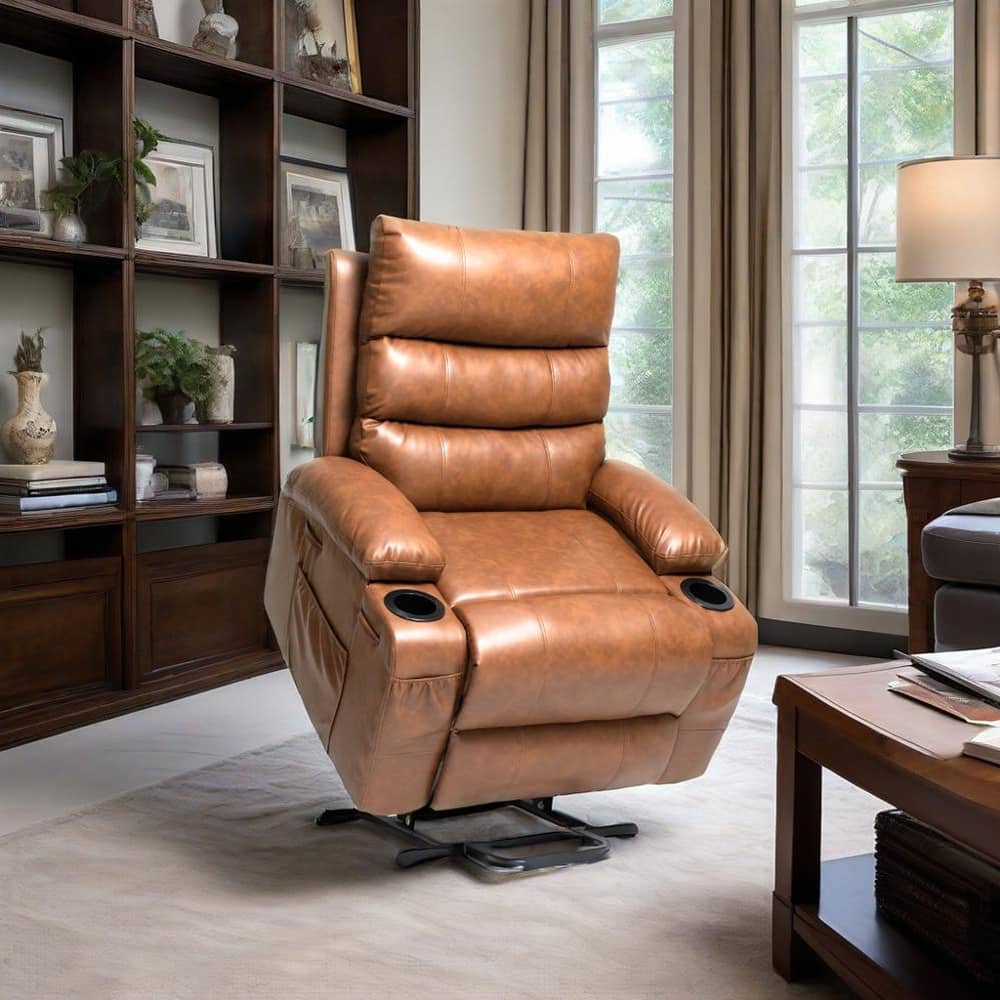 PU Leather Power Lift Recliner, Electric Recliner with Heating & Massage, Massage Chair with Side Pockets & Cup Holders
