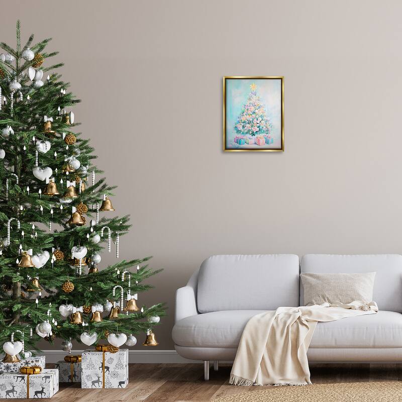Stupell Pastel Christmas Tree on Blue Framed Floater Canvas Wall Art Design By Arlington Prints