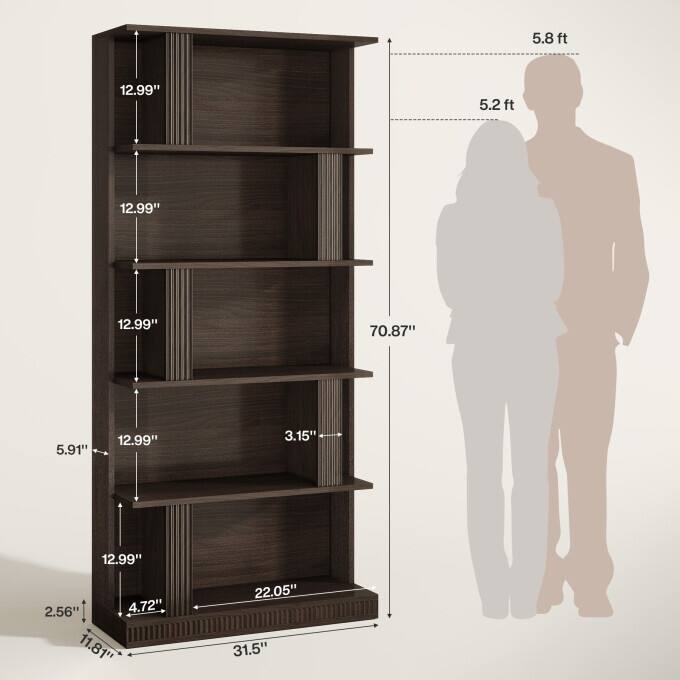 5-Tier Modern Storage Bookshelf, 70-Inch Tall Black Bookcase