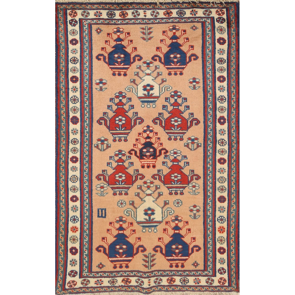 Hand Knotted Oriental 100% Wool Carpet Traditional Geometric Peach Hamedan Area Rug - 4' 10'' X 3' 2''