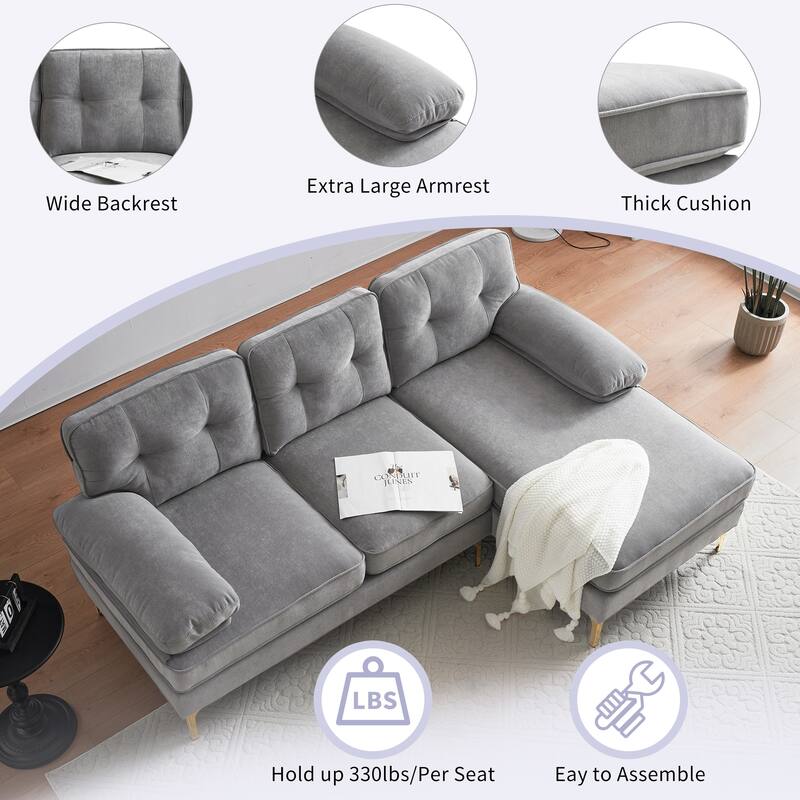 Velvet Sectional Sofas Couches with Pillow Top Arms and Upholstered Backrest, Modern L-Shaped Couches with Metal Legs