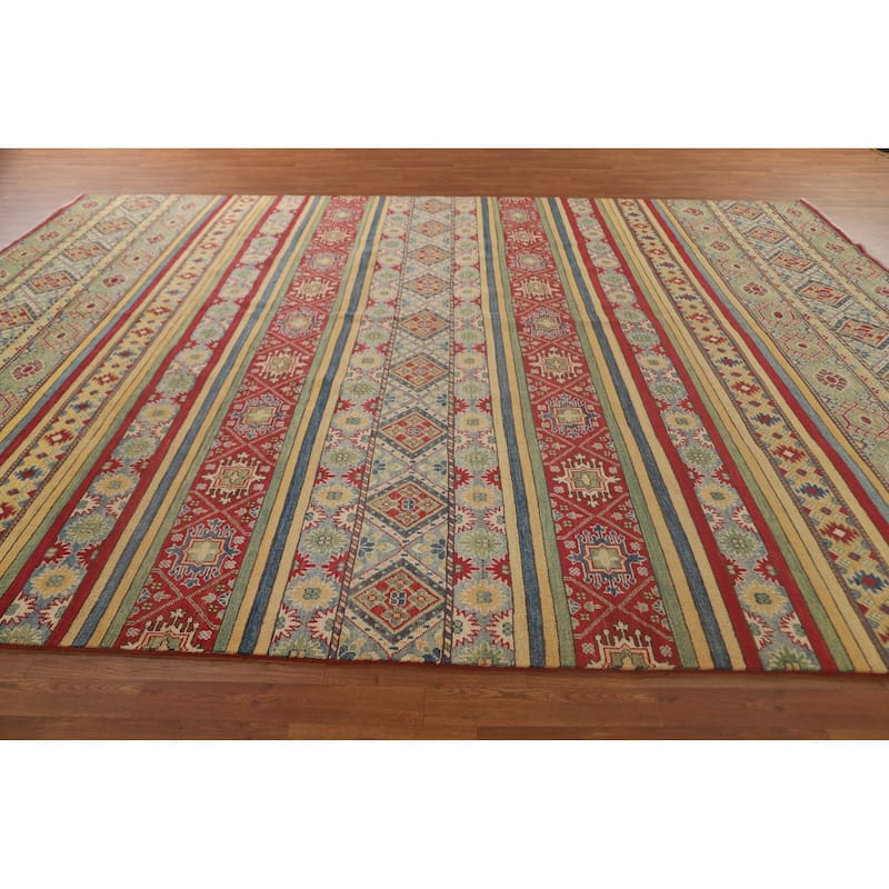 Striped Kazak Oriental Area Rug Hand-Knotted Wool Carpet - 9'10"x 13'2"