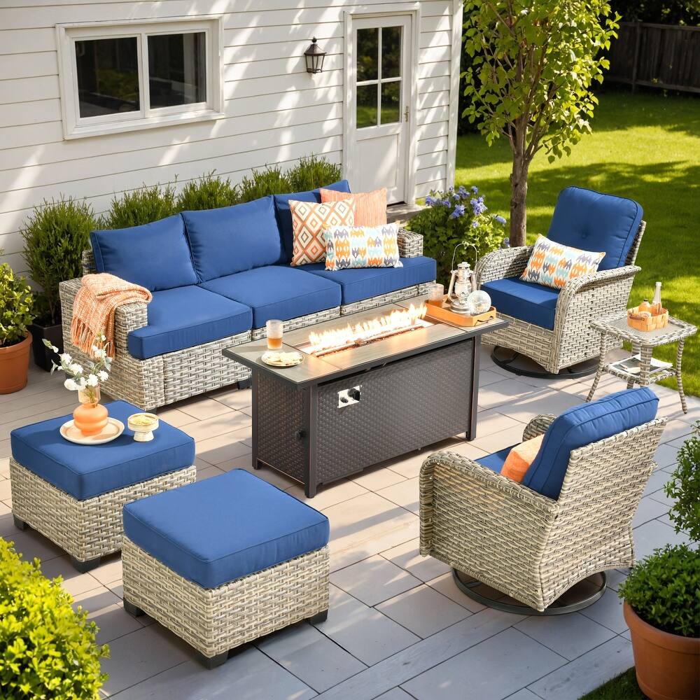 OVIOS 9 Pieces T shaped Seat Curved Swivel Chair Set With Fire Pit