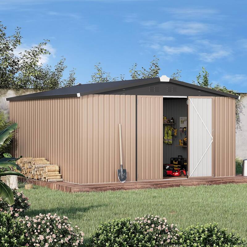 AECOJOY Outdoor Extra Large Storage Metal Shed with Lockable Doors - 12' x 12' - Taupe