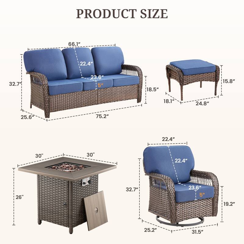 Pocassy Patio Outdoor Fire Table with Sofa Swivel Chair Funiture Set.