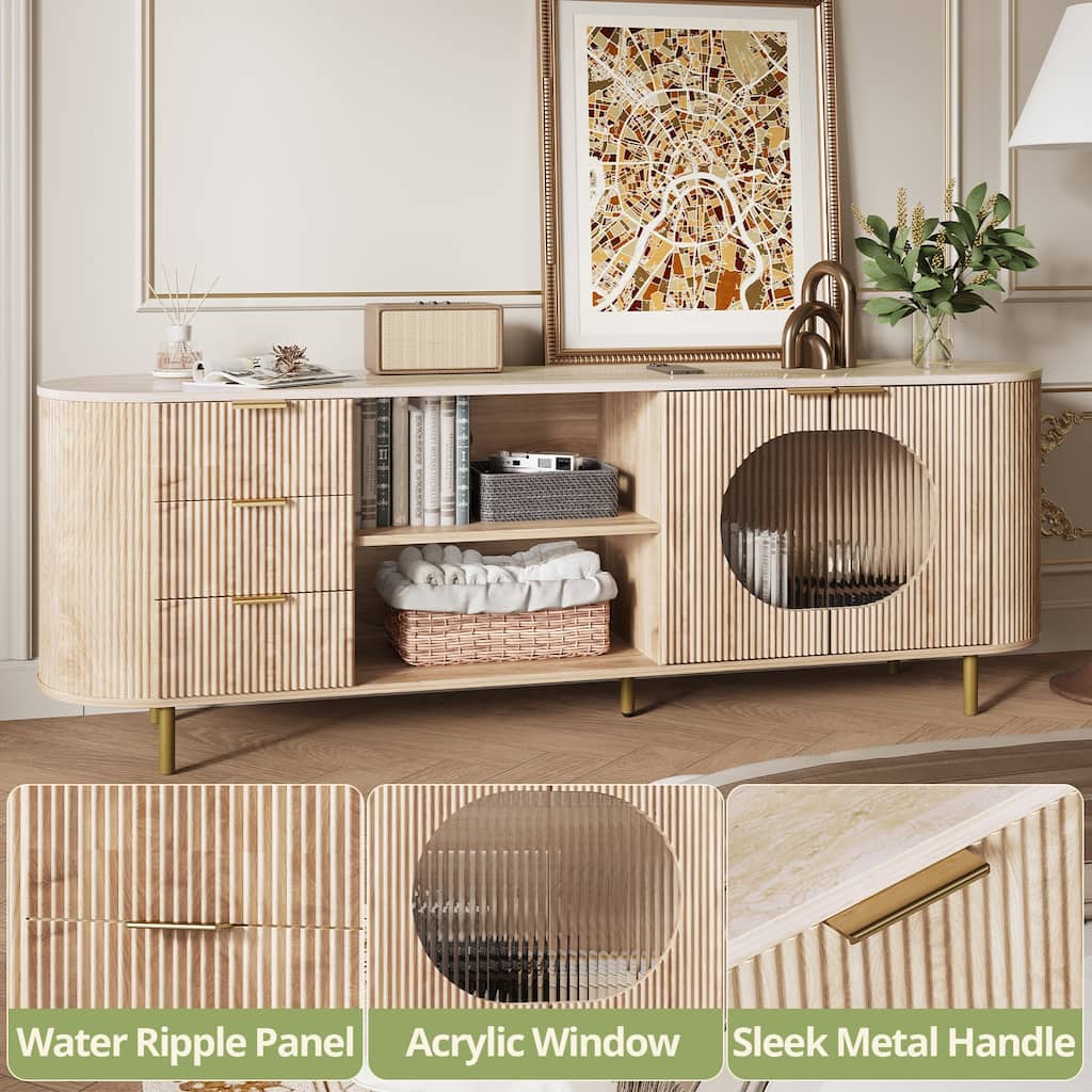 Fluted TV Stand Media Storage Cabinet TV Console Table with Faux Marble Top