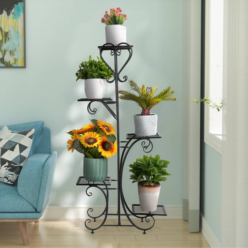 5 Tier Plant Pot Stand Display Shelf High Low Flower Shelves - Black