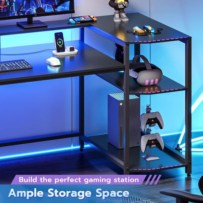 PC Gaming Desk Power Outlets Computer Desk LED Lights Storage Shelves