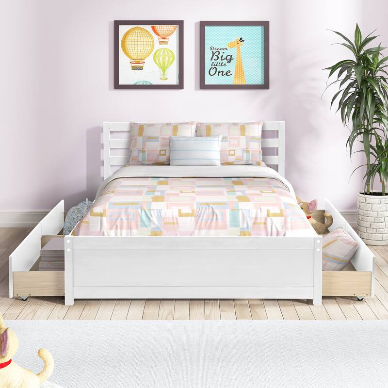 White Panel Bed Frame Full Size Platform Bed Wood Bed with 4 Storage Drawers and Headboard, Space-saving Bed