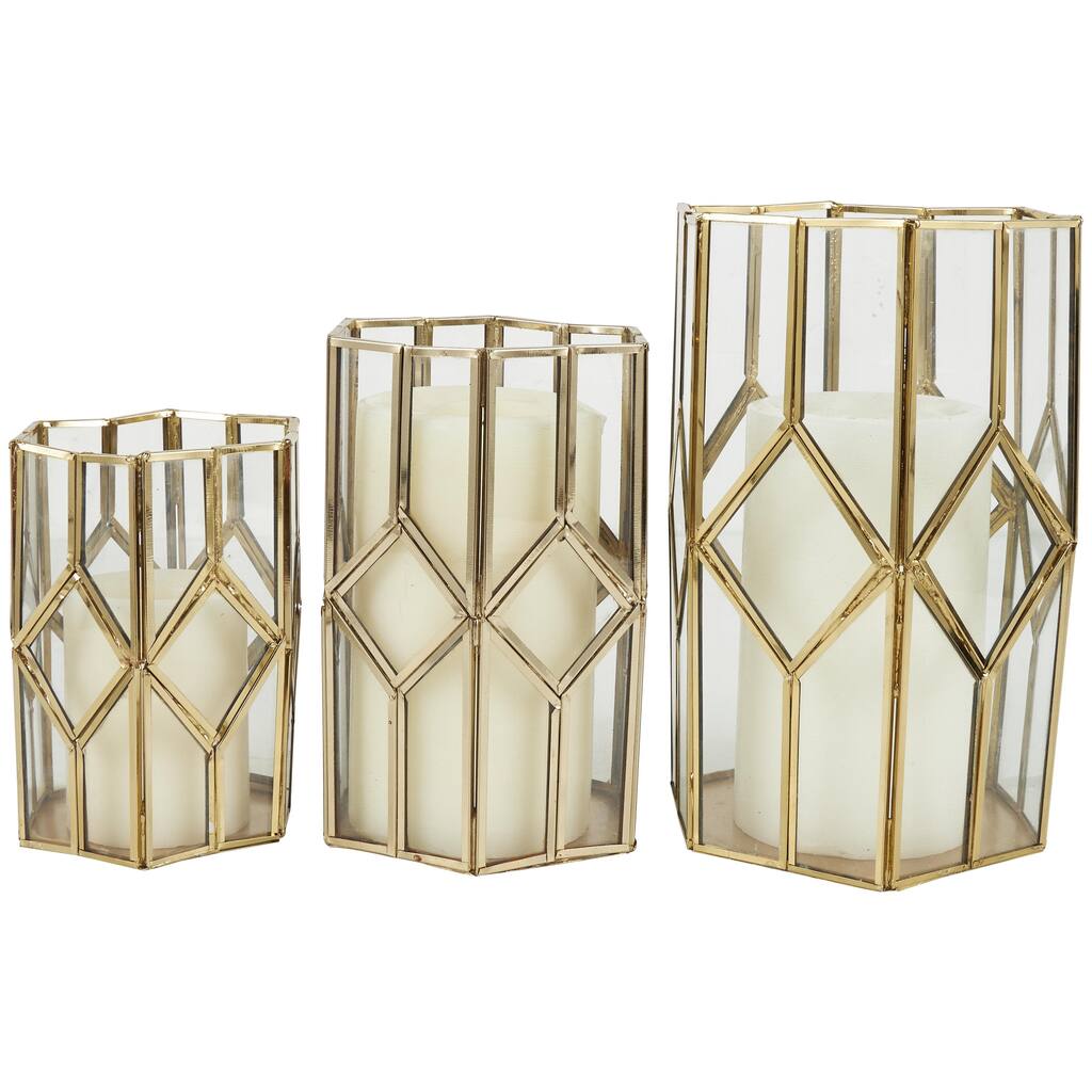 Metal Geometric Diamond Patterned Hexagon Indoor Outdoor Candle Lantern - Set of 3 Gold - CosmoLiving by Cosmopolitan