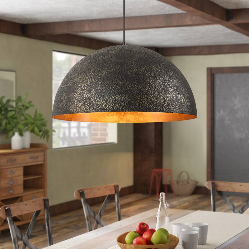 1-Light Modern Vintage Black Gold Leaf Dome Kitchen Island Pendant Lights - 19.6 in. W x 11.8 in. H - 19.6 in. W x 11.8 in. H - Black
