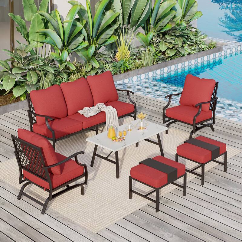MAISON ARTS 6/7-Piece Patio Conversation Sets, Sofa Set with 2/4 x Single Chairs, 1 x 3-seater Sofa and Coffee Table/Ottomans - Set 3 - Red
