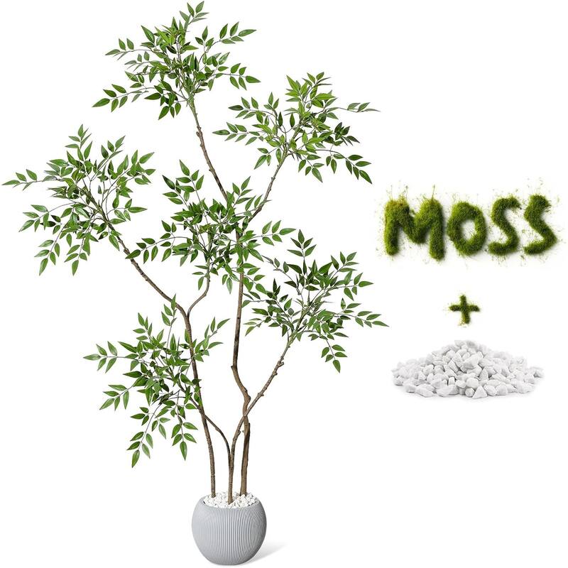 Artificial Plants Indoor, 5FT Tall Faux Floor Plant in Pot, Nandina Artificial Tree with Grey Planter