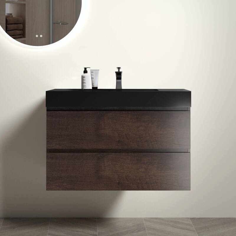 36"/30"/24" Floating Bathroom Vanity with Sink, Wall-Mounted Storage Cabinet - Black+Walnut - 36" Width