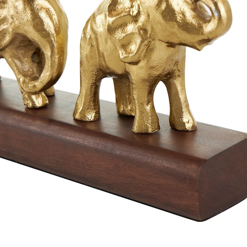 Gold Aluminum Metal Elephant Sculpture with Brown Wooden Base