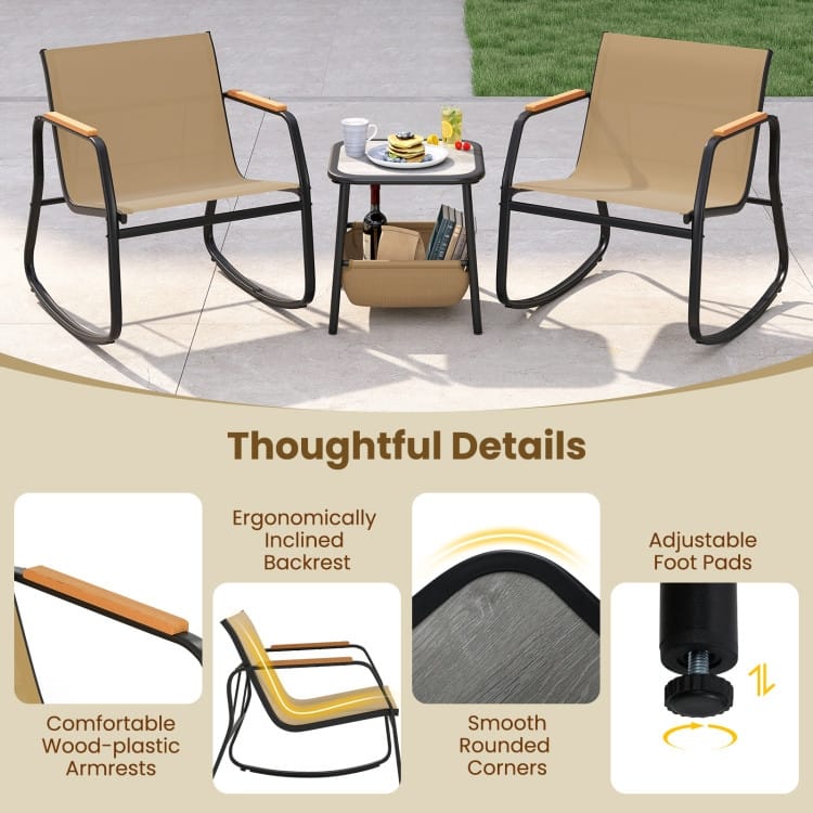3 Piece Black-Brown Metal Fabric Patio Rocking Chairs with Table Storage - Chair: 29" x 24" x 29.5"
