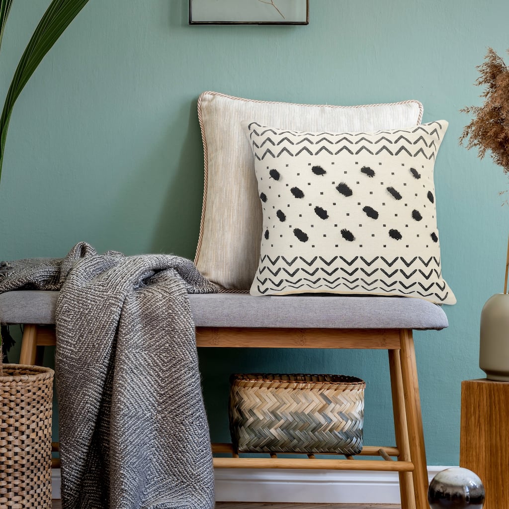 Sevita Black and Cream Chevron and Tufted Grid Throw Pillow