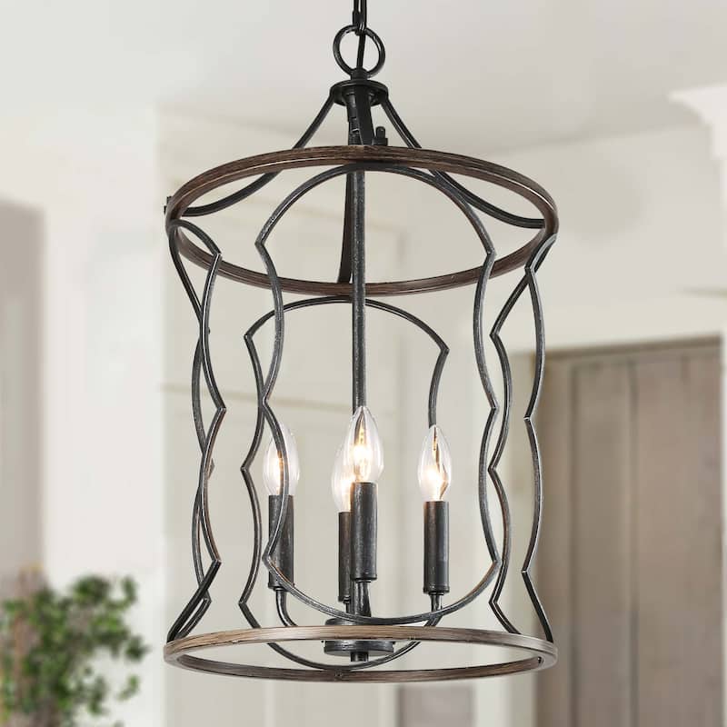 Modern Farmhouse 4-Light Cylinder Wood Grain Chandelier for Kitchen Island - Brushed Silver-black