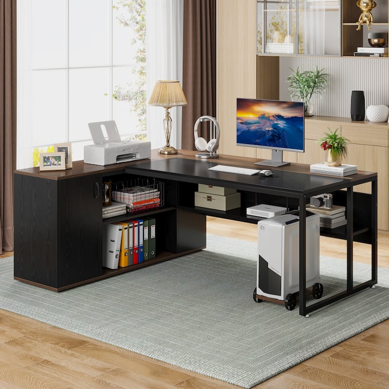 71 inch L Shaped Executive Desk with Cabinet, Corner Computer Desk (Rustic Brown)