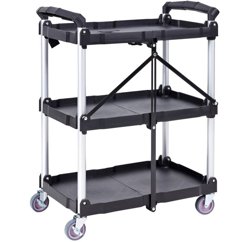 Black Polypropylene Foldable Utility Cart with 3 Shelves and Lockable Wheels - 25.62” L x15.43” W x32.76” H