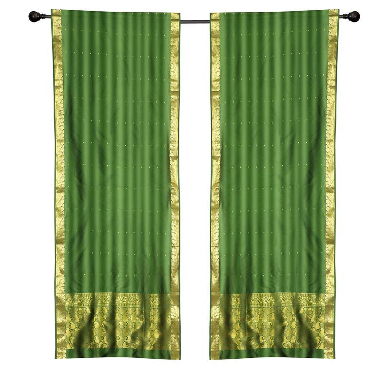 2 Boho Green Indian Sari Curtains Rod Pocket Window Panels Drapes - 43" W X 96" L (Lined) - 96 Inches