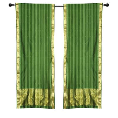 2 Boho Green Indian Sari Curtains Rod Pocket Window Panels Drapes