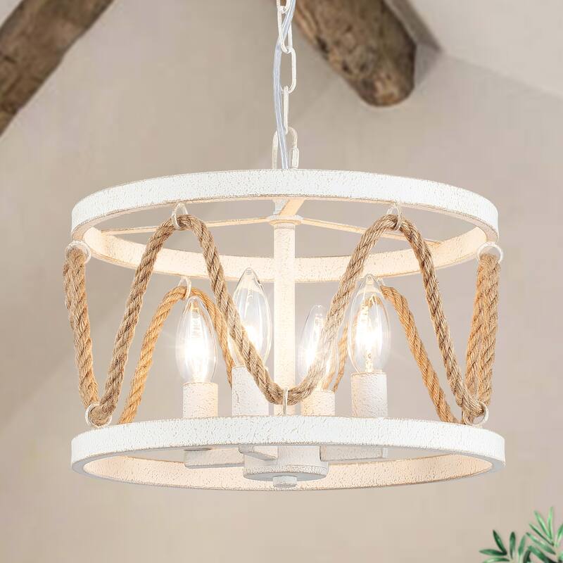4-Light Drum-shaped Chandelier with Hemp Rope for Kitchen Living Room