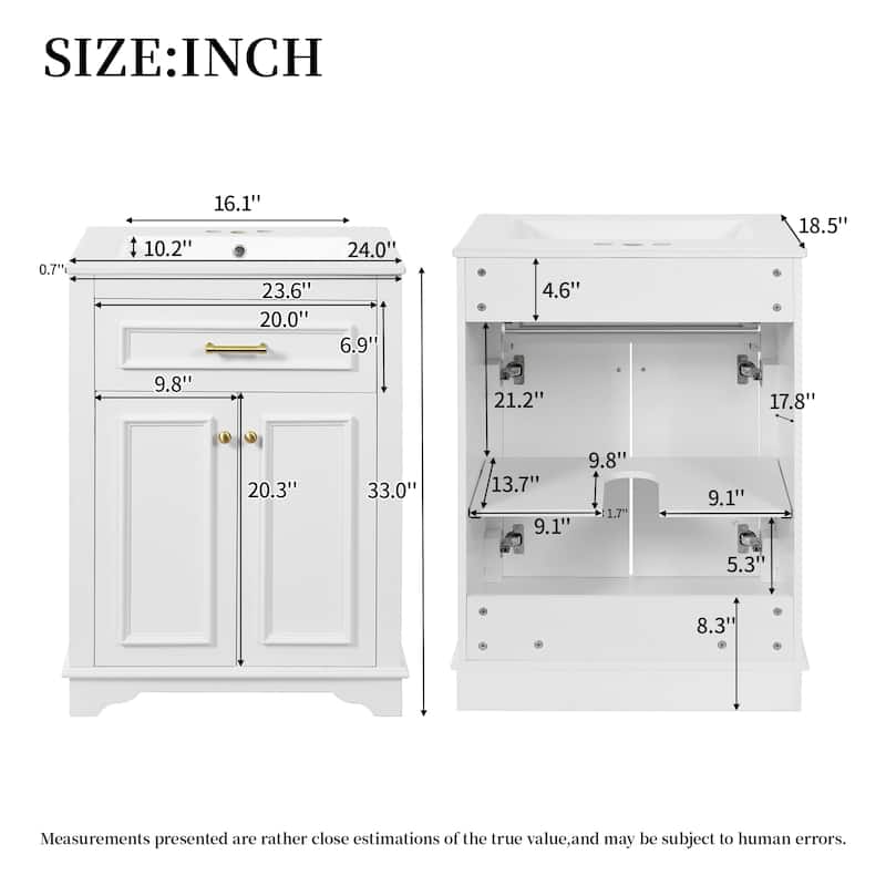 24" Freestanding Bathroom Vanity with White Integrated Ceramic Sink - 24'' x 18.5'' x 33''