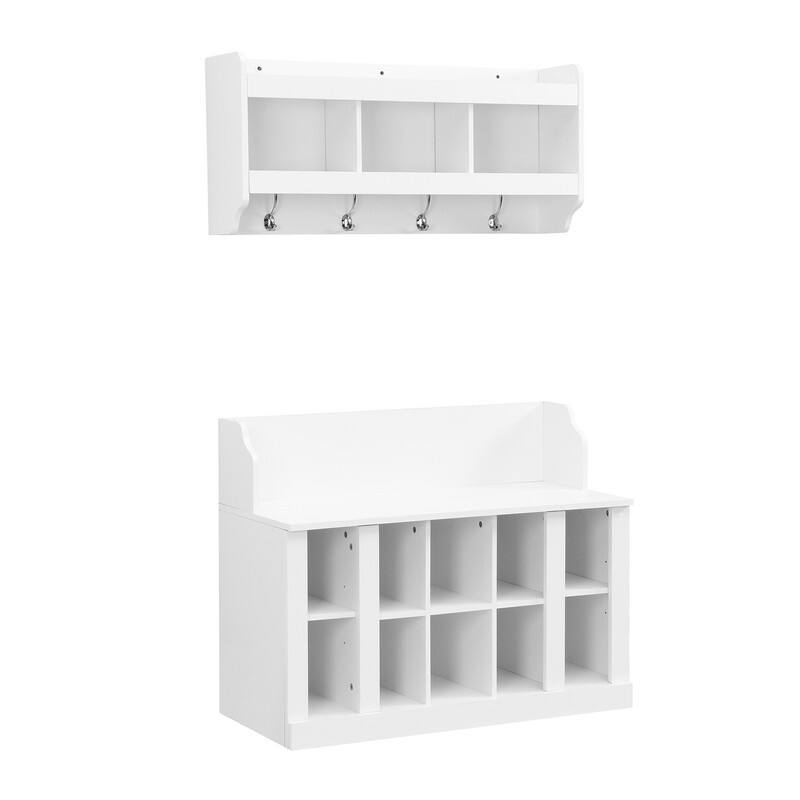 Entryway Wood Storage Bench with Shoe Storage,Wall Mounted Hall Tree with Coat Rack and Shelves