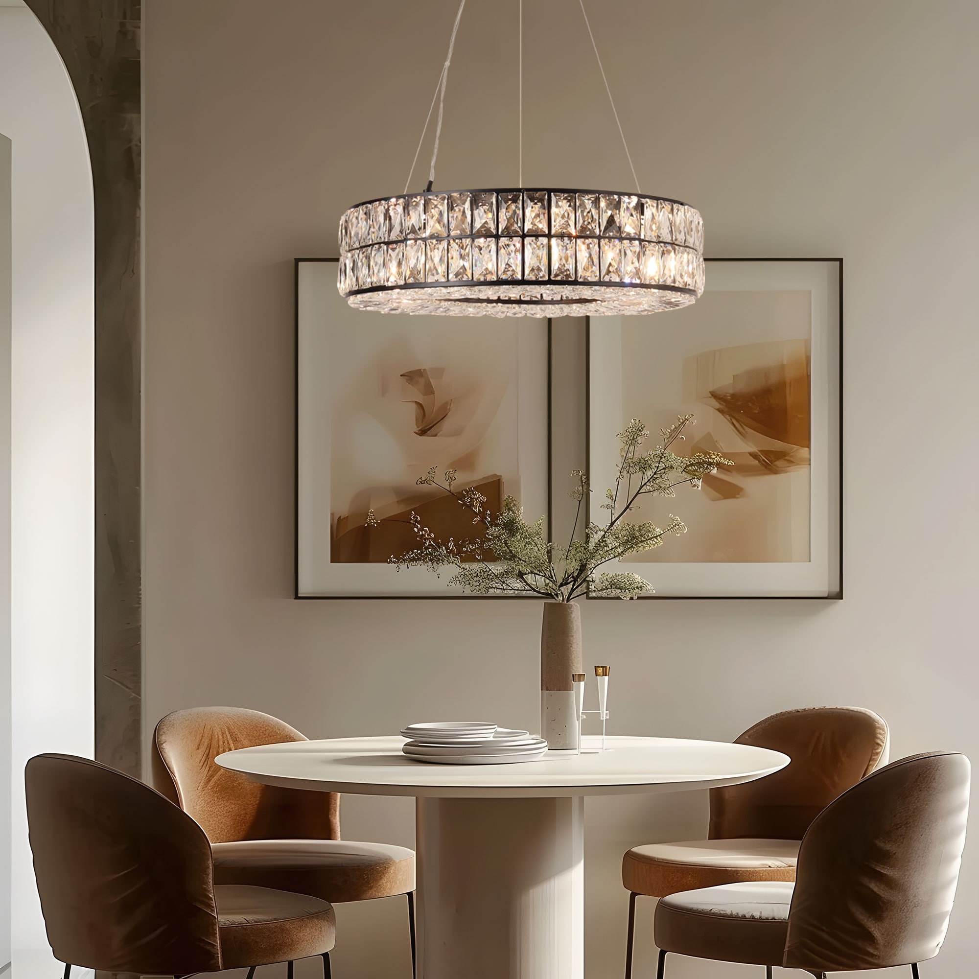 Modern Glam 8-Light Crystal Chandelier Black Drum Ceiling Light for Dining Room - D21" x H66"