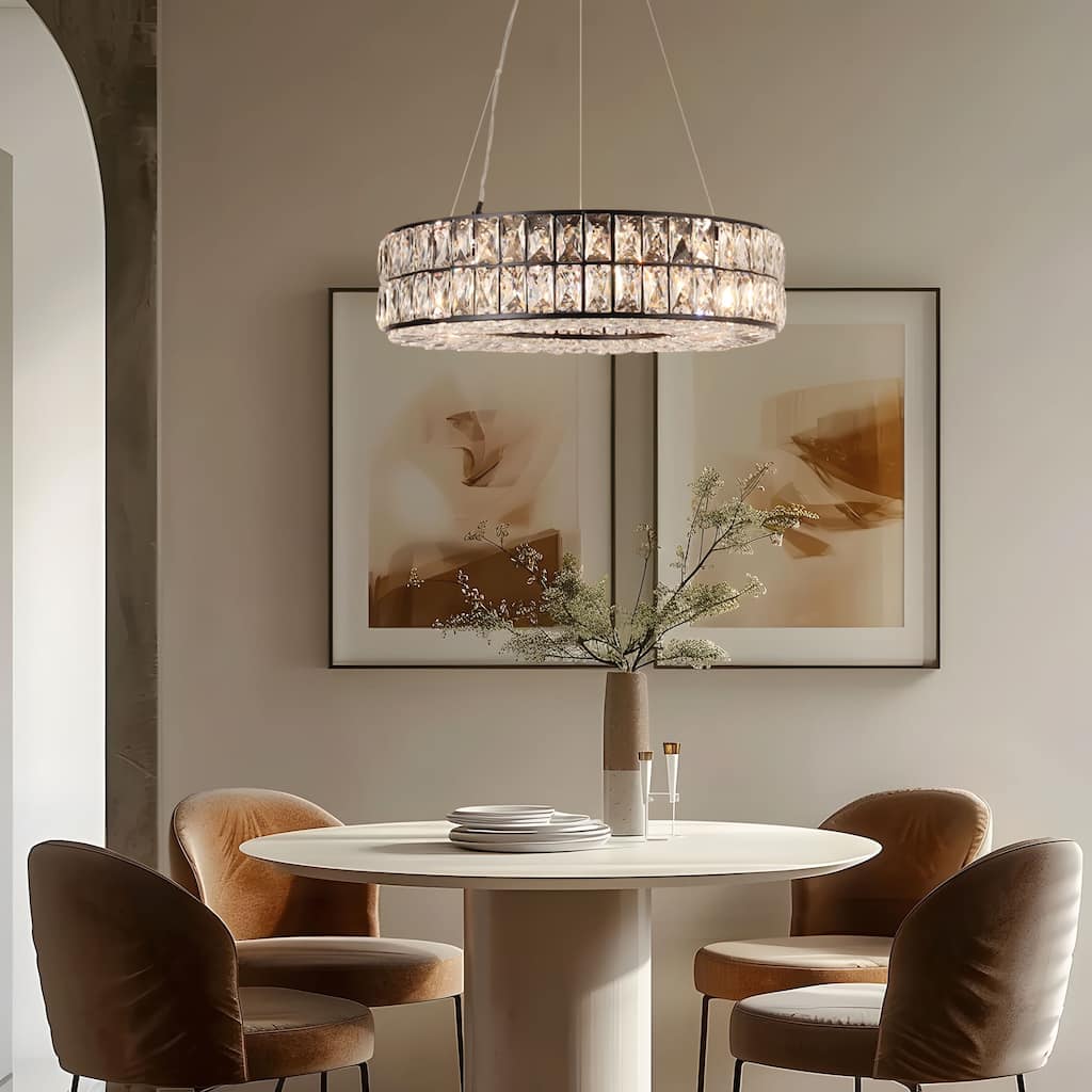 Modern Glam 8-Light Crystal Chandelier Black Drum Ceiling Light for Dining Room - D21" x H66"