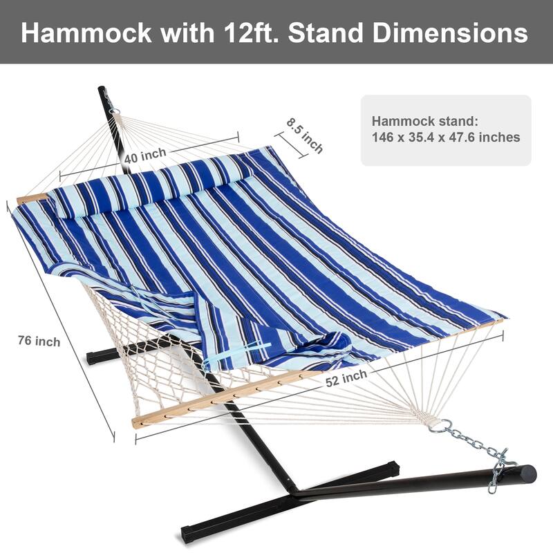 Rope Hammock with Detachable Pillow and Pad, 12FT Steel Stand Included