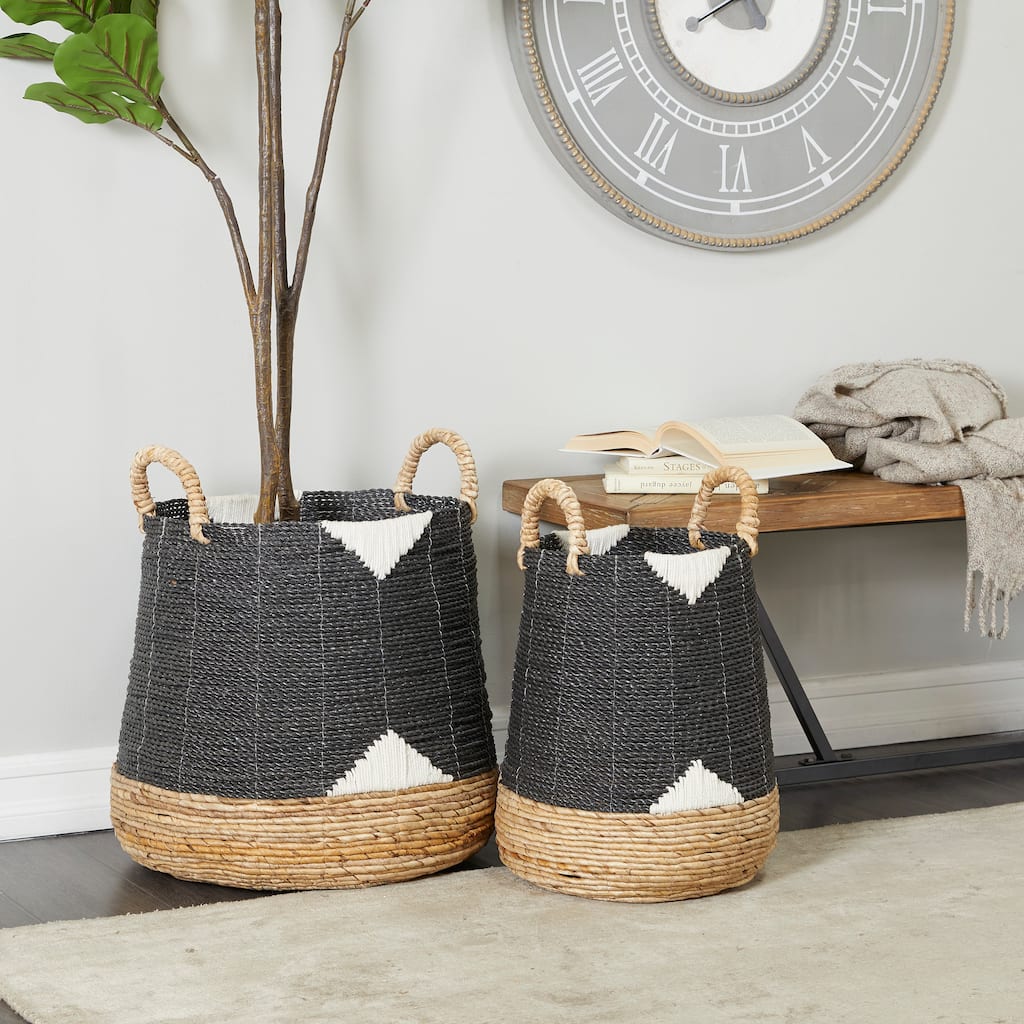 CosmoLiving by Cosmopolitan Banana Leaf Handmade Triangle Details Storage Basket with Handles (Set of 2) - Black or White
