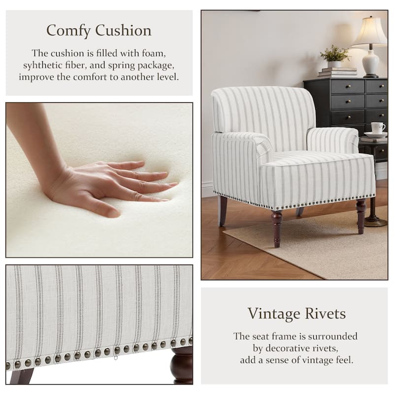 Striped Upholstered Linen Armchair with Brass Nailhead Trim