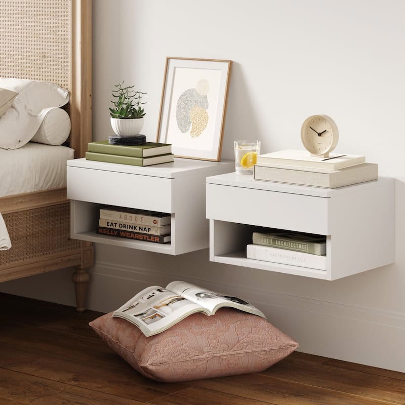 Nathan James Jackson Modern Floating Bedroom Nightstand with Storage Drawer and Open Shelf Cubby - White Set of 2