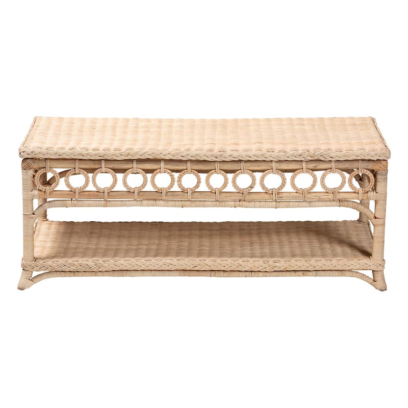 Oxford Braided Natural Rattan Coffee Table with Open Shelf - Coastal Living Room Accent Table with Decorative Loop Detailing