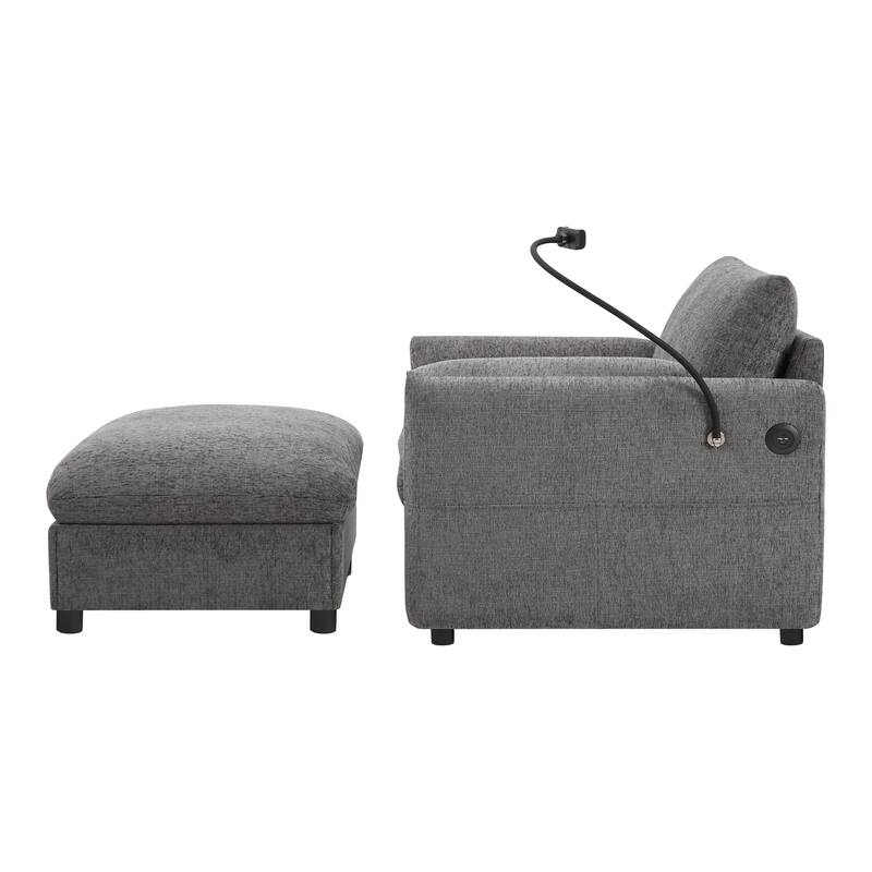 Single Sofa Chair and Storage Ottoman Sets, Chenille Accent Chair Wide Seat Chaise Lounge Couch with Phone Holder & USB Chargers