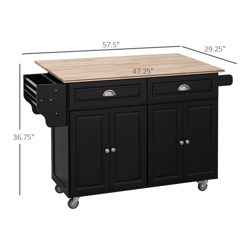 HOMCOM Rolling Kitchen Island on Wheels Utility Cart with Drop-Leaf and Rubber Wood Countertop, Storage Drawers, Dark Grey