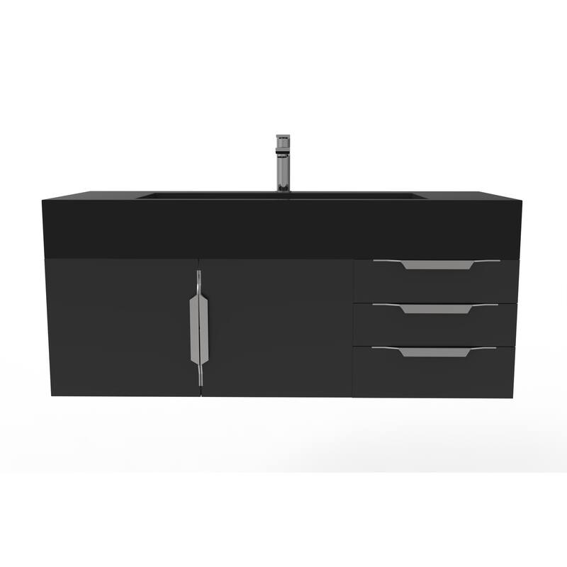 Nile 48" Wall Mounted Bathroom Vanity Set w/ Black Top - Black - Brushed Nickel Finish