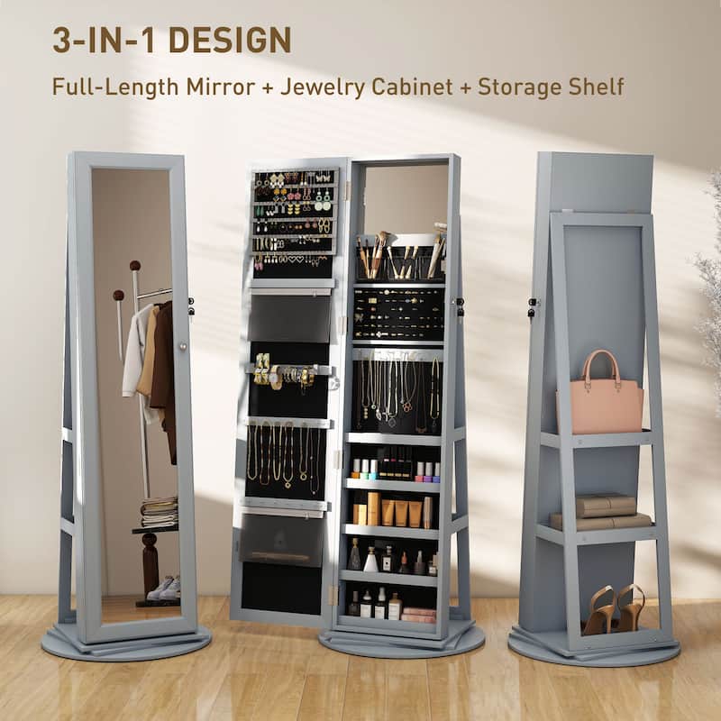 HOMCOM 360° Swivel Jewelry Cabinet, Lockable Jewelry Armoire Organizer with Full-Length Mirror for Bedroom Living Room