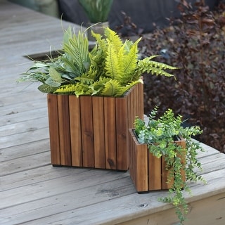 2-Piece Acacia Wood Square Planter Boxes with Plastic Liners - Vertical  Plank - Bed Bath & Beyond - 39179211