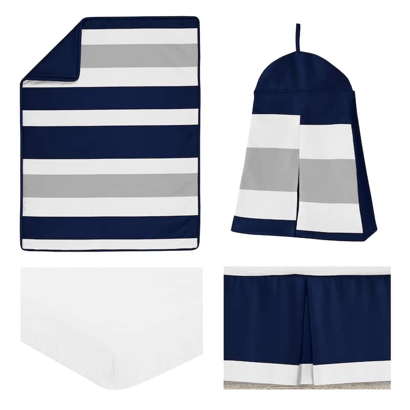 Sweet Jojo Designs Navy Blue and Grey Striped Microfiber Collection 4-piece Bumperless Crib Bedding Set