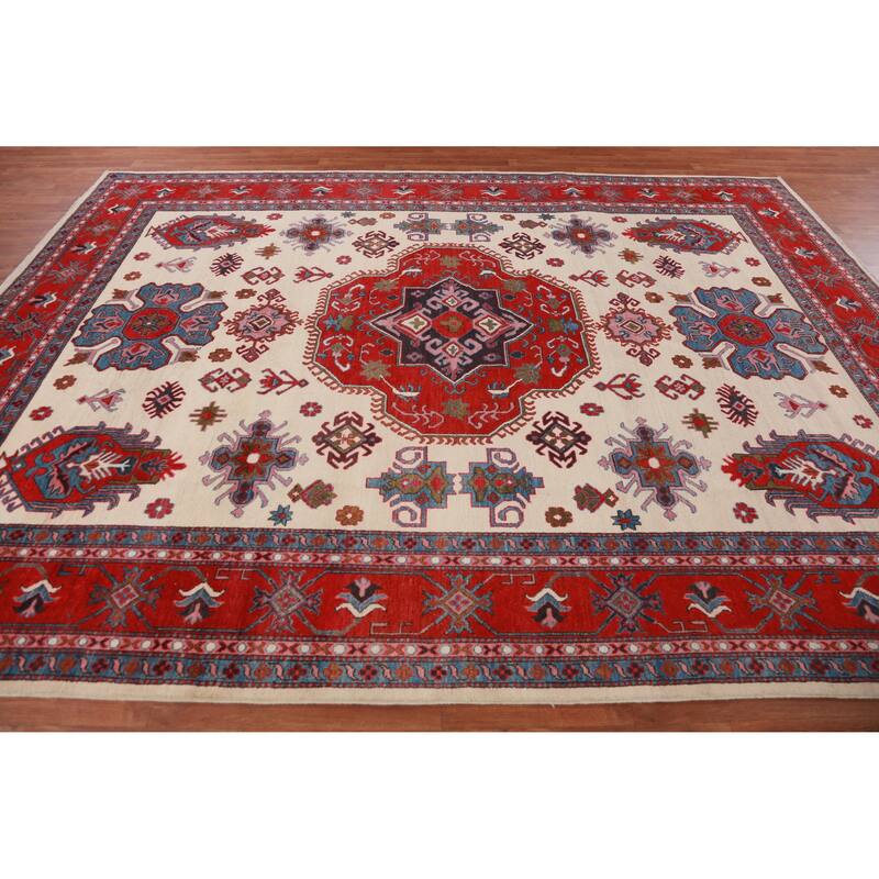Hand Knotted Oriental 100% Wool Carpet Traditional Medallion Beige & Ivories Kazak Area Rug - 11' 7'' X 8' 7''