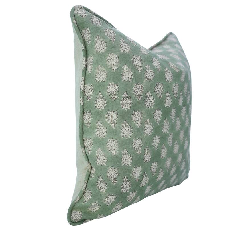 Fabdivine Handmade Floral Block Print Soft Pure Linen Fabric Pipine Pillow Cover Decorative Cushion Case - Pillow Covers - Jasmine- Green - 26" x 26"