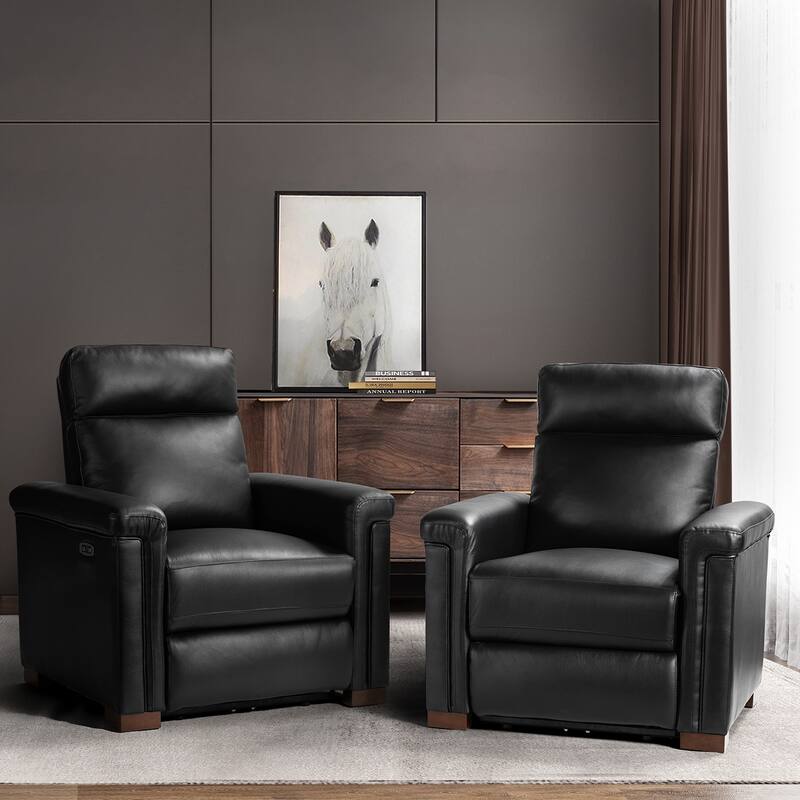 Alicia 34.65" Wide Contemporary Classic Genuine Leather Power Recliner With USB Port, Set of 2