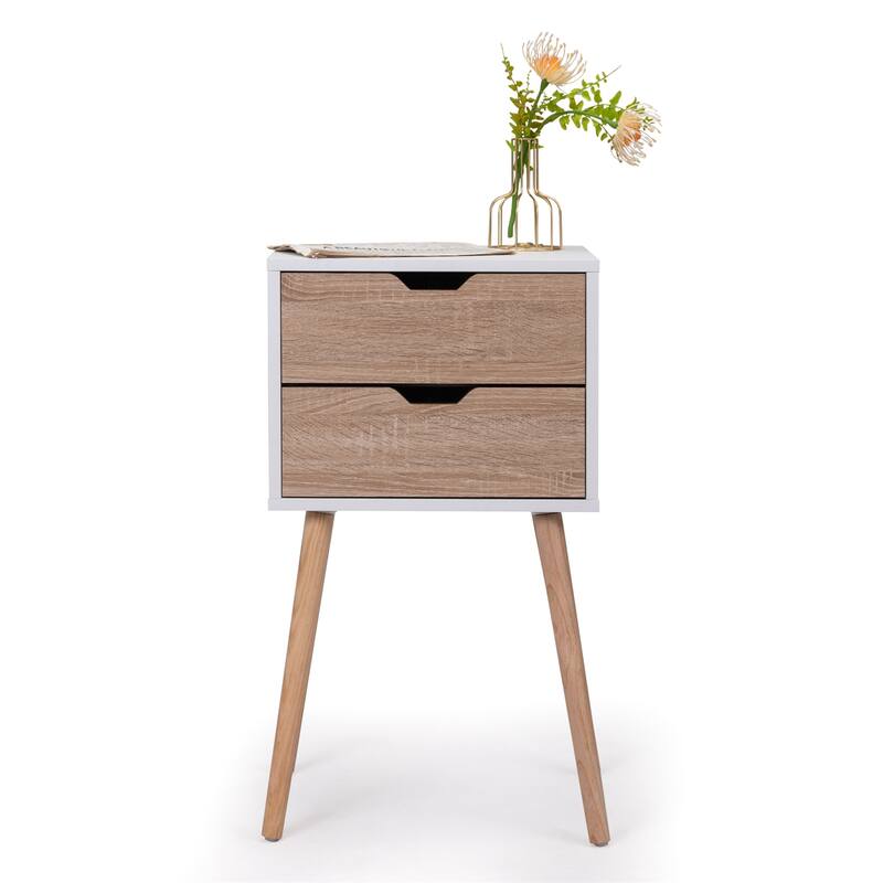 Nightstand w/ 2 Drawers, Bedside Tables w/ Solid Wood Legs and Storage