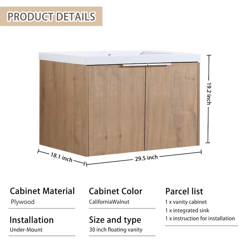Beingnext 24"/30"/36" Bathroom Vanity with Sink, Floating Bathroom Vanity with 2 Soft Close Doors