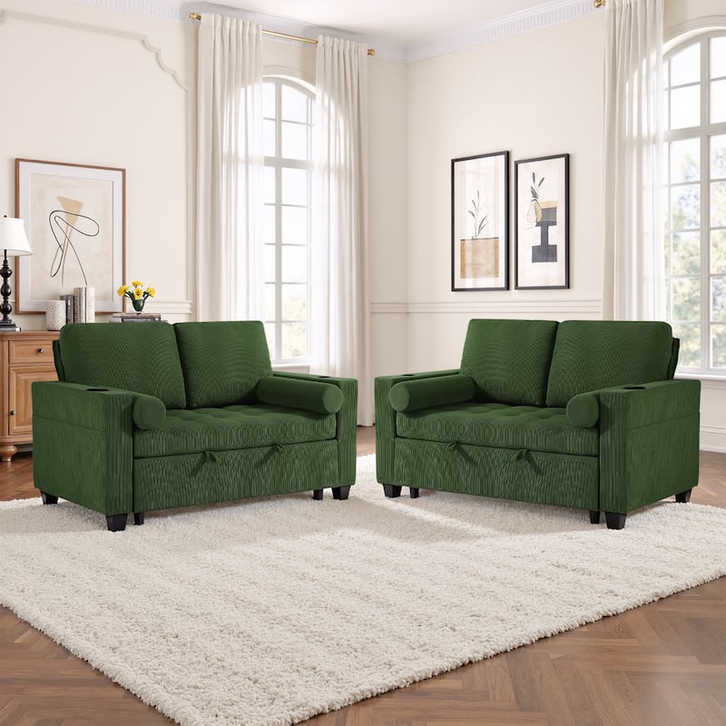 Set of 2 Corduroy Convertible Sleeper Chairs Pull-Out Chair Beds with Adjustable Recline