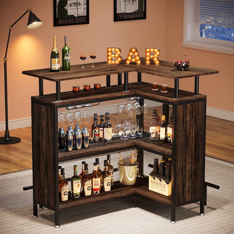 L-shape Home Bar Unit, Liquor Bar Table with 2-Tier Storage - N/A - Brown